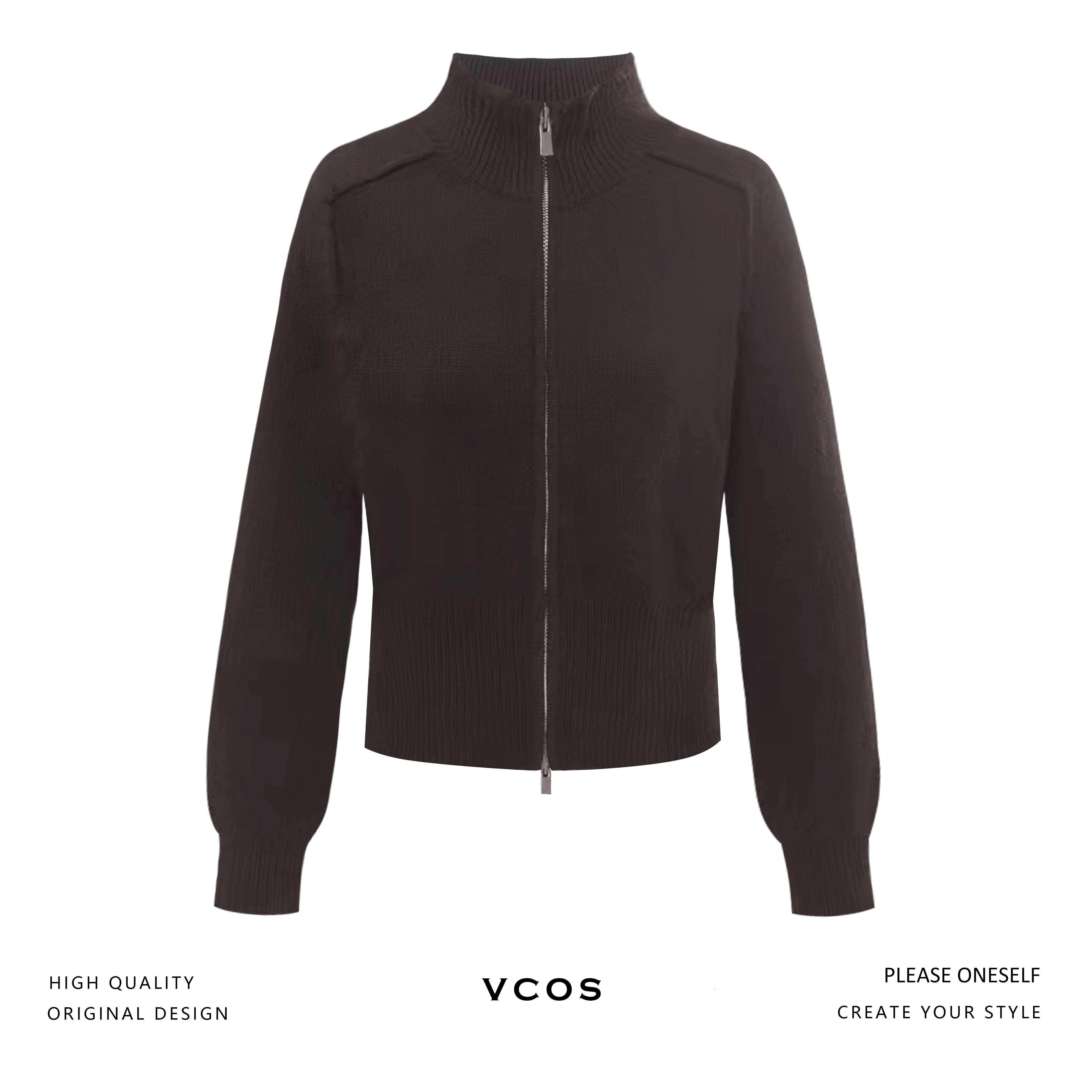 VCOS羊绒羊毛双头拉链立领减龄暖柔针织开衫