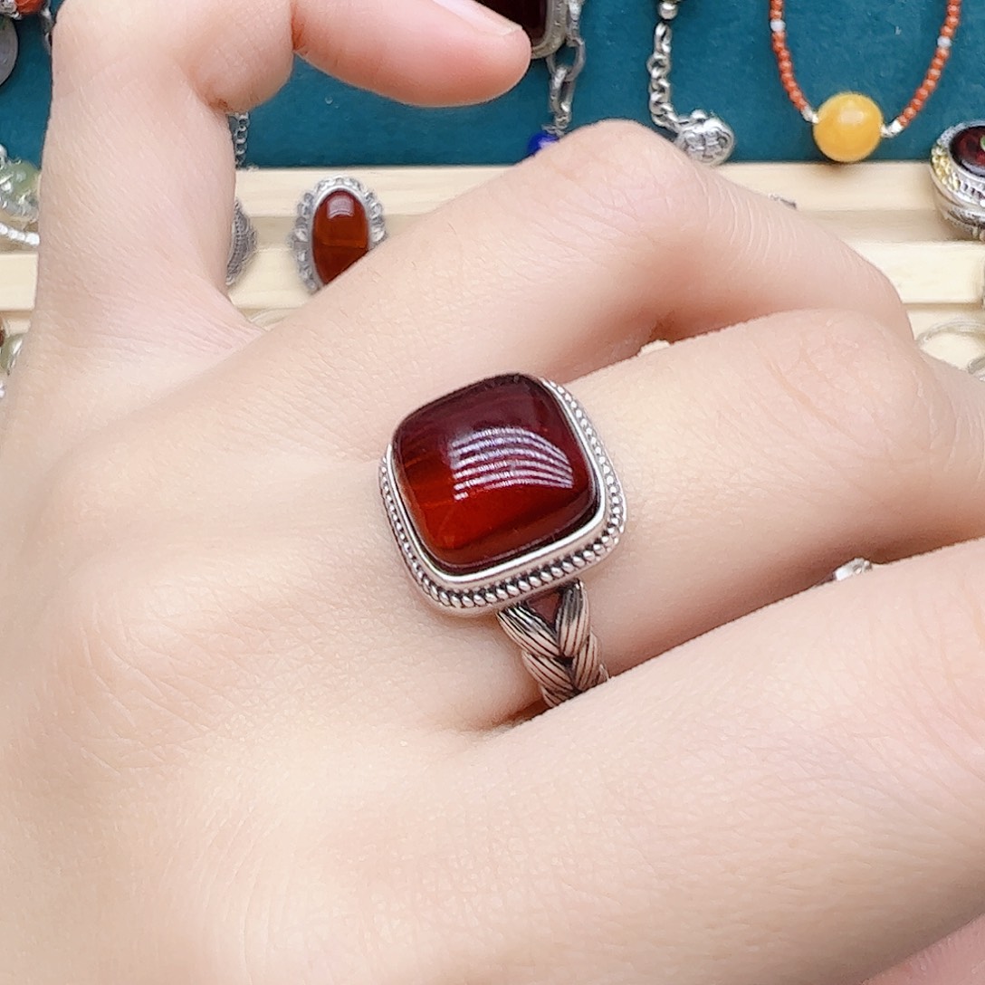 血珀戒指银S925镶嵌天然