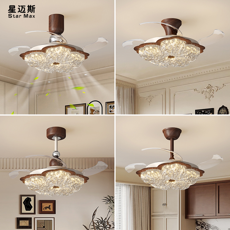 2025新款轻奢中古风扇灯卧室吊扇灯高档金箔花朵餐厅隐形风扇吊灯