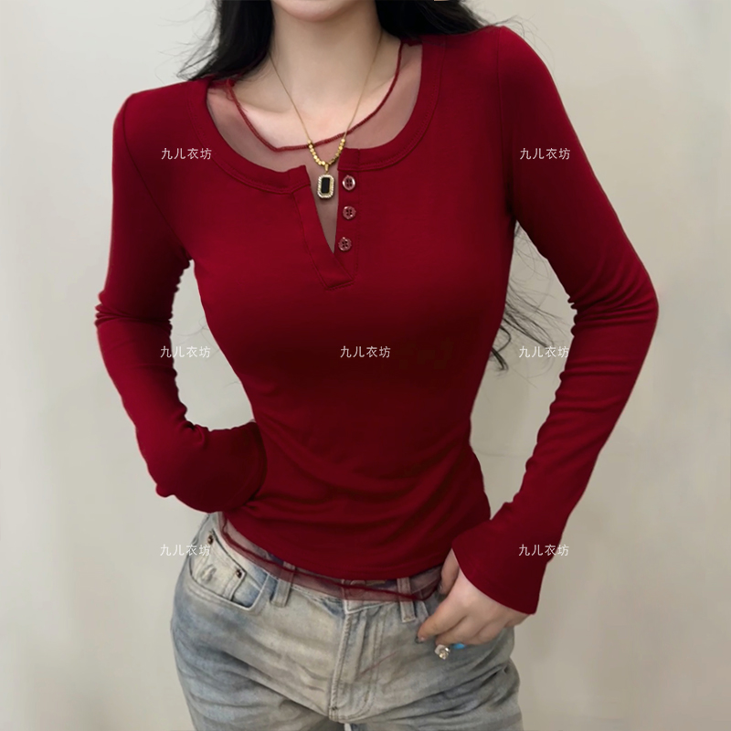 2025新款韩系网纱假两件针织T恤女款修身纽扣抓毛纯色上衣女8012
