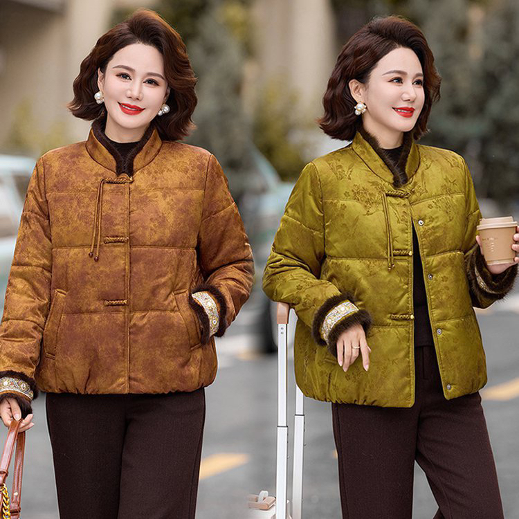 中老年冬季加绒加厚立领国风棉袄保暖洋气妈妈装外套宽松气质