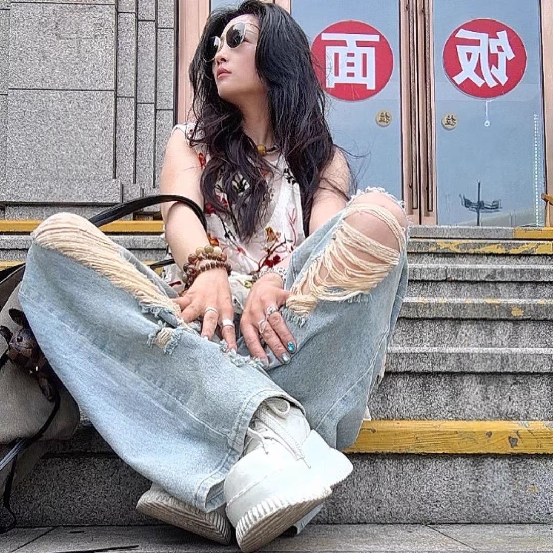 破洞直筒裤四季街头风秋季牛仔裤宽松长裤复古显瘦高腰百搭