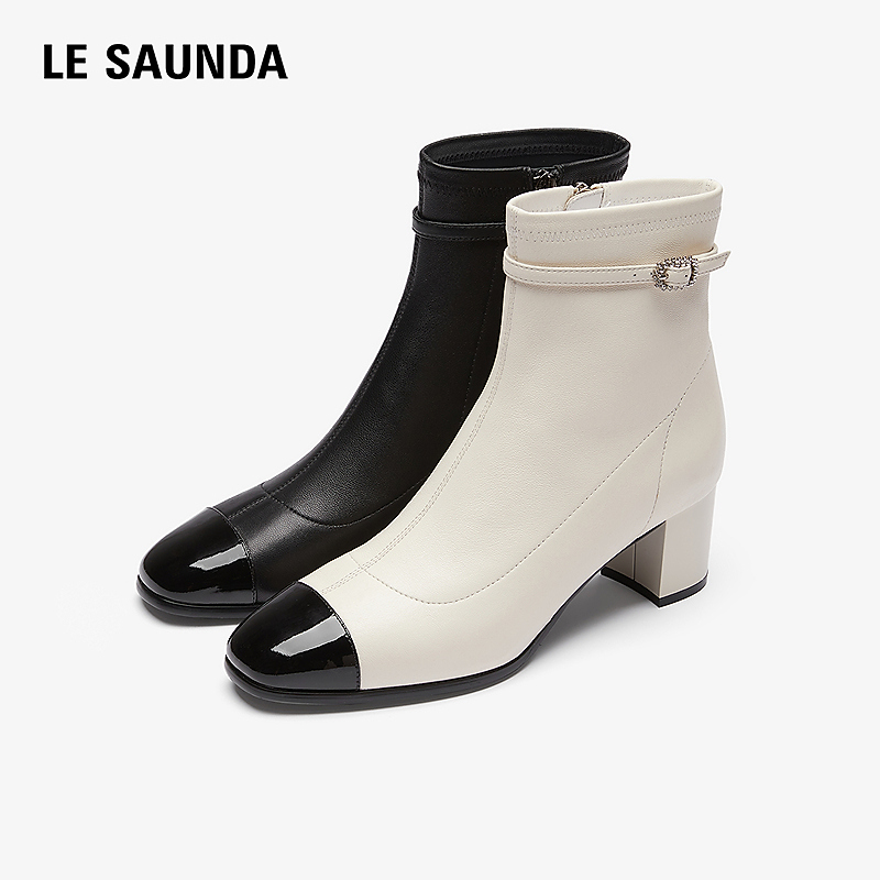 莱尔斯丹2025秋冬新款粗跟真皮羊皮小香风白色洋气短靴子女56701