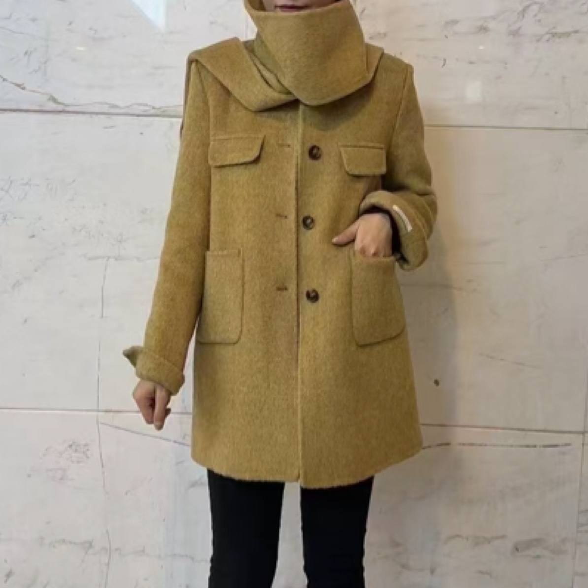 韩版气质海军领中长款呢子外套围巾两件套