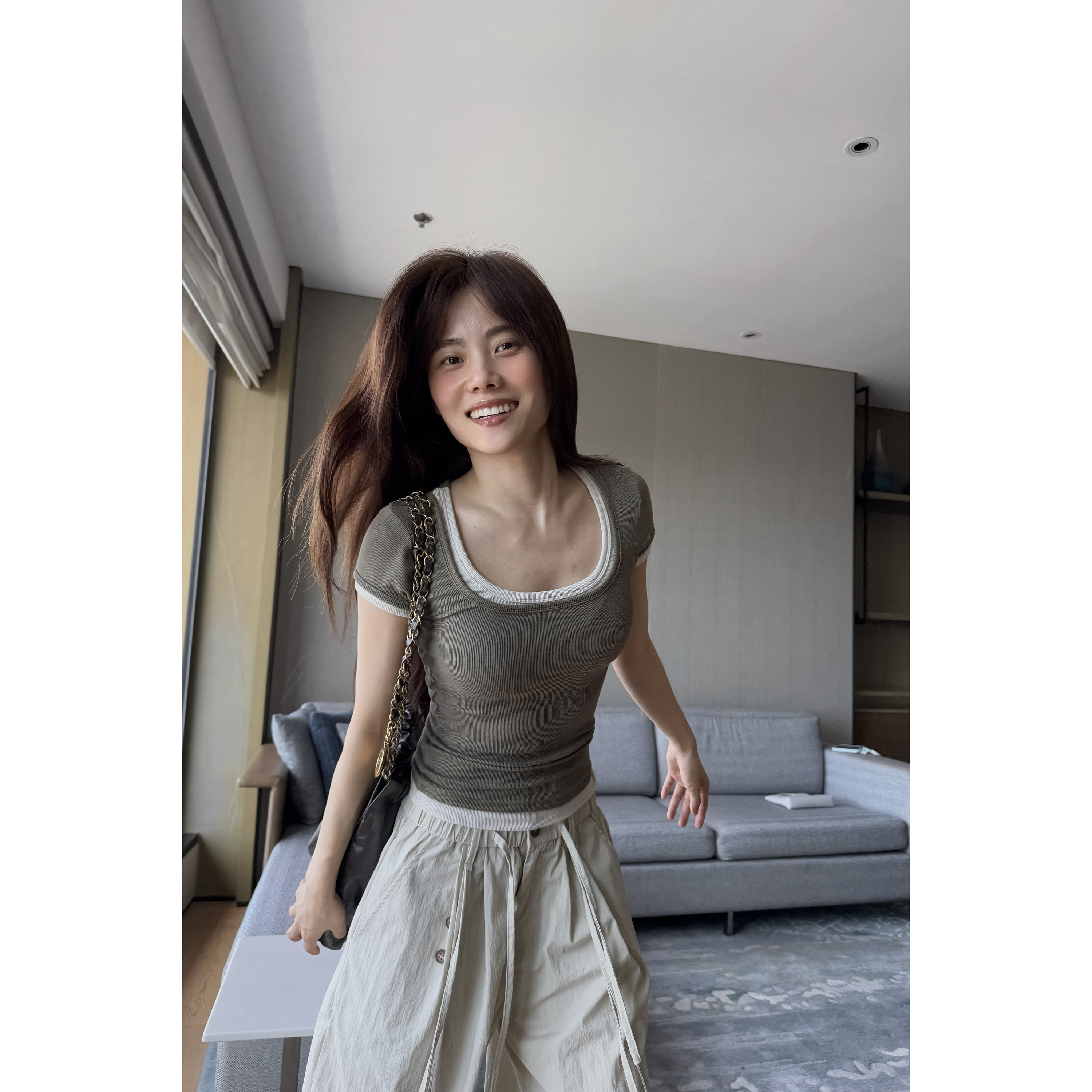 井迪儿【灵动音符】97%人棉夏舒适弹力修身休闲绿色方领假两件T恤