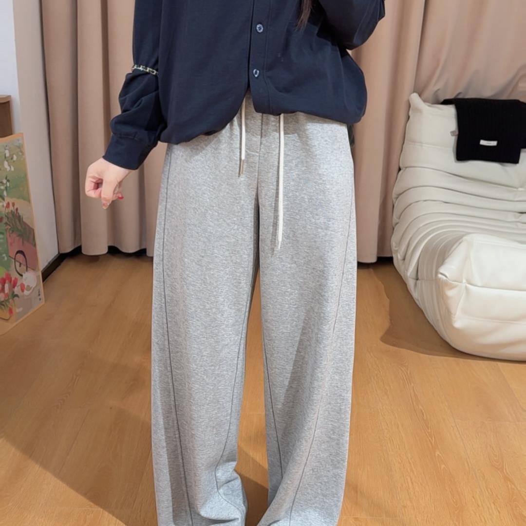 84631余小鱼 【懒人垂垂】灰色竖线设计松紧腰抽绳百搭休闲裤女装