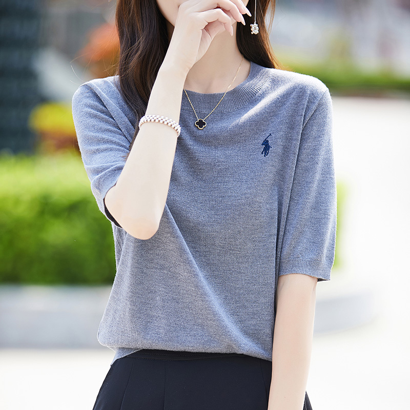 圆领短袖女刺绣T恤桑蚕丝羊毛短袖女半袖韩版宽松百搭薄款针织
