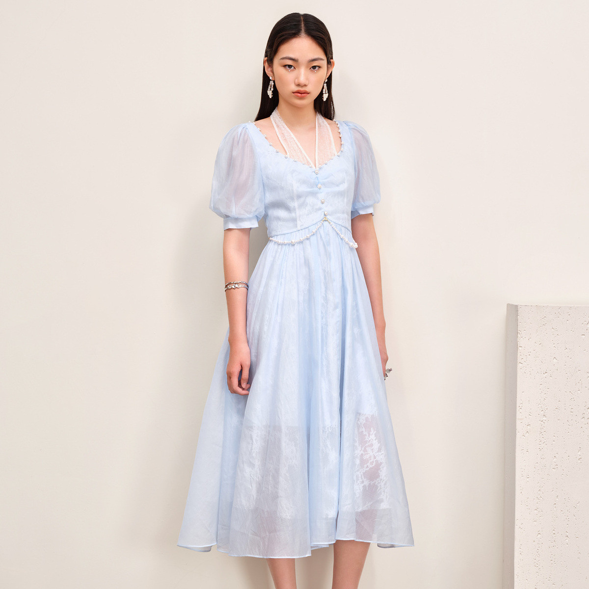 欧式浪漫公主裙泡泡袖裙法式复古雪纺气质衬衫拼接连衣裙