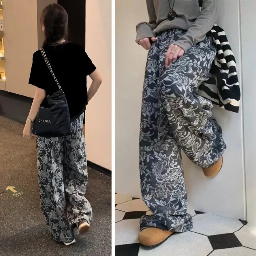 519新款时尚百搭小个子款有口袋印花花色休闲阔腿裤（裤长97左右）
