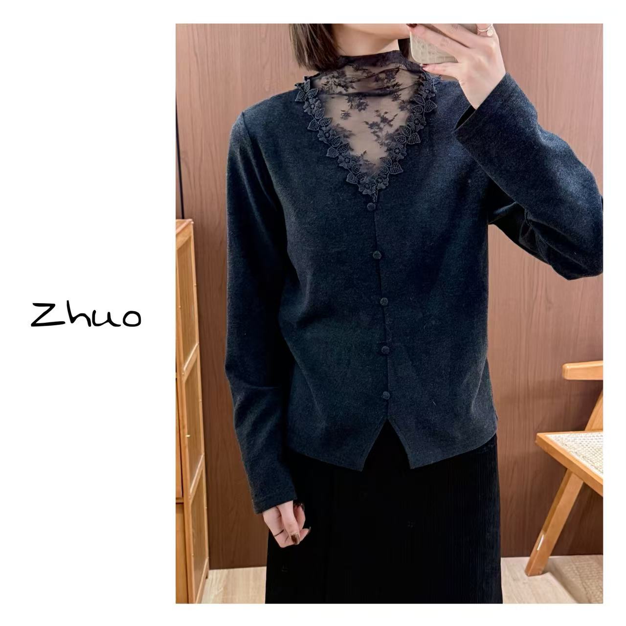 Zoe 原创【下午不喝茶】冬季加厚带蕾丝打底下摆拼接冬季T恤