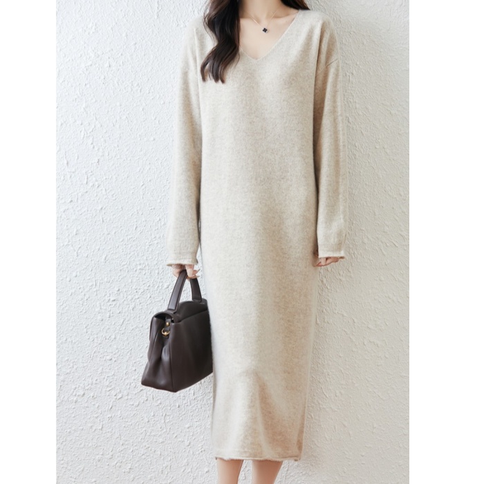 100羊毛连衣裙V领长裙V领套头款长袖长裙打底套头宽松羊毛Y2566