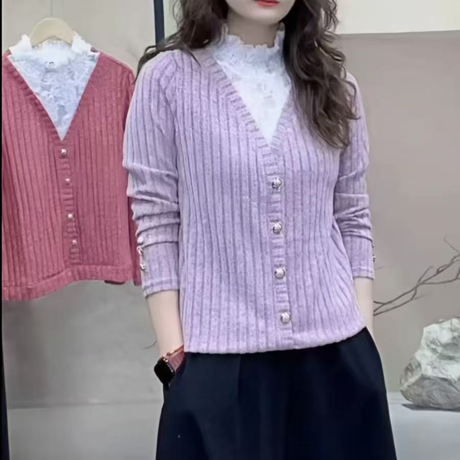 春秋针织衫蕾丝拼接半高领假两件弹力时尚休闲气质百搭上衣