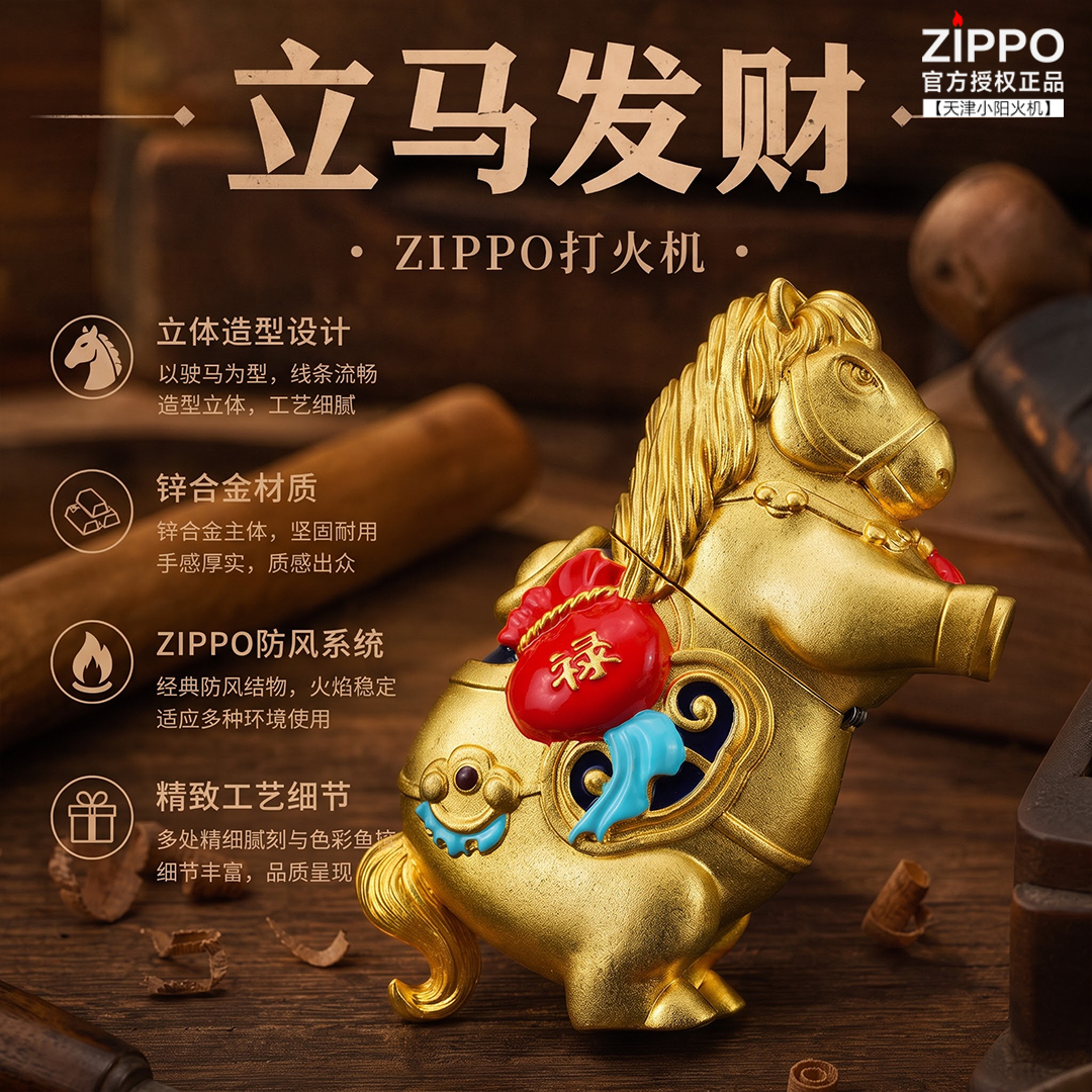Zippo打火机正版 立马发财立体马 纤巧机鎏金珐琅送男士吉祥礼物