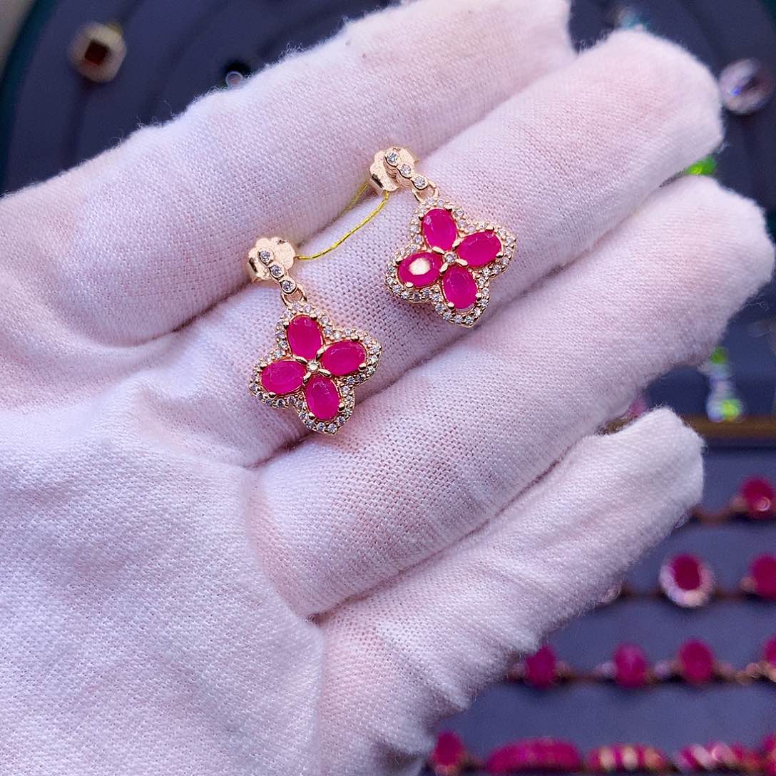 耳饰银S925镶嵌红宝石