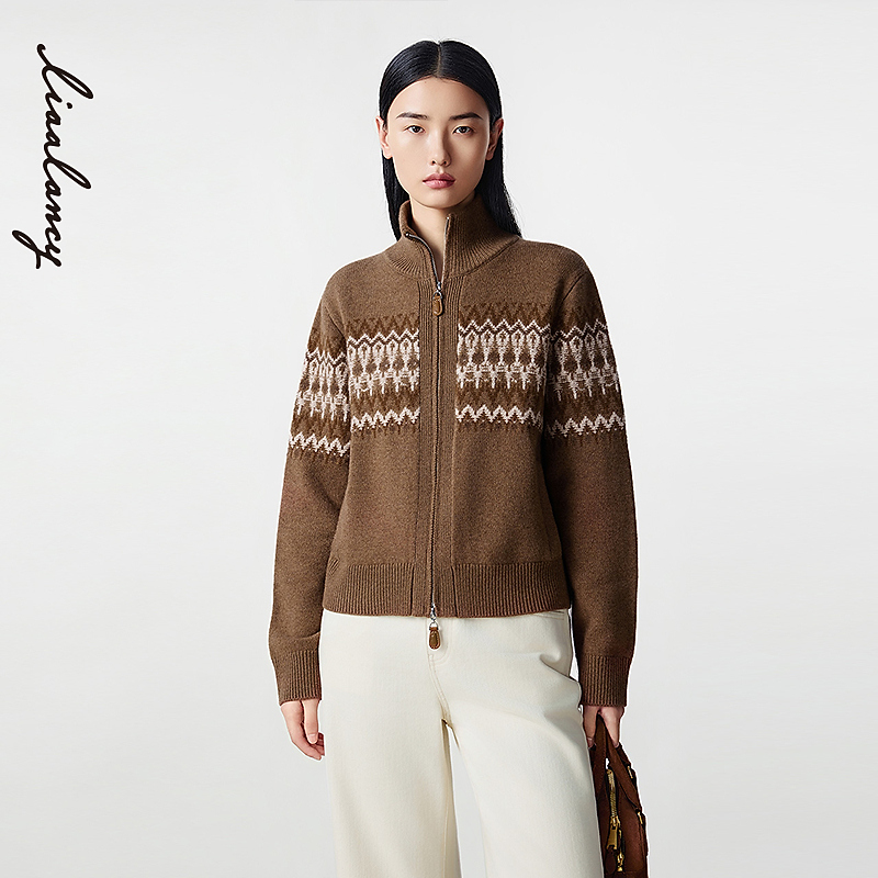 【纯羊毛】LANCY/朗姿2025冬新款费尔岛高领双拉链提花针织开衫女
