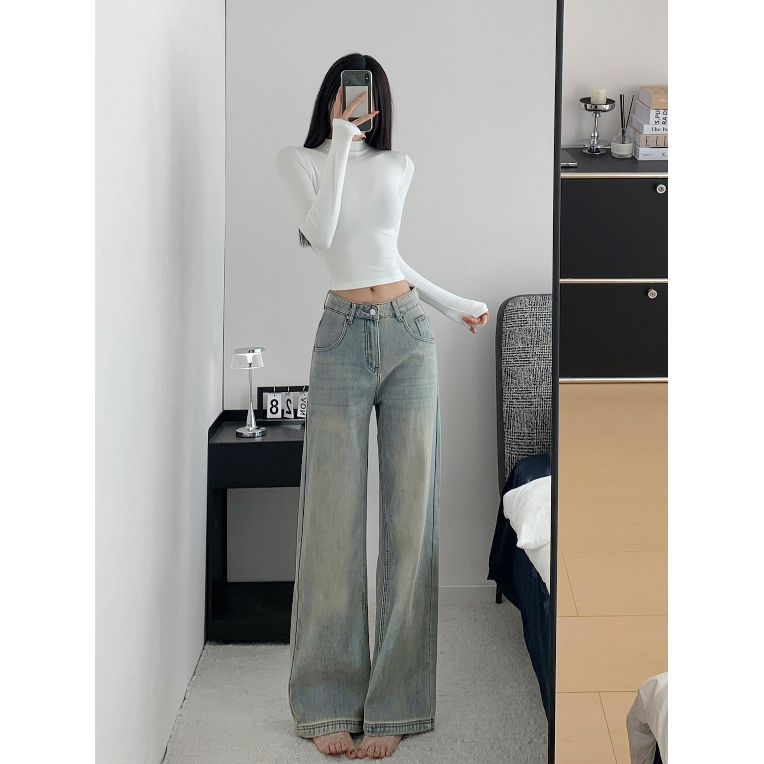 张紫一高个子美式复古水洗做旧阔腿牛仔裤女加绒