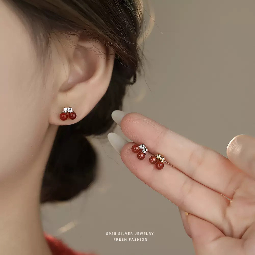 925银树脂耳饰 耳环s925银镀金新年款纯银红樱桃百搭耳钉A03-05