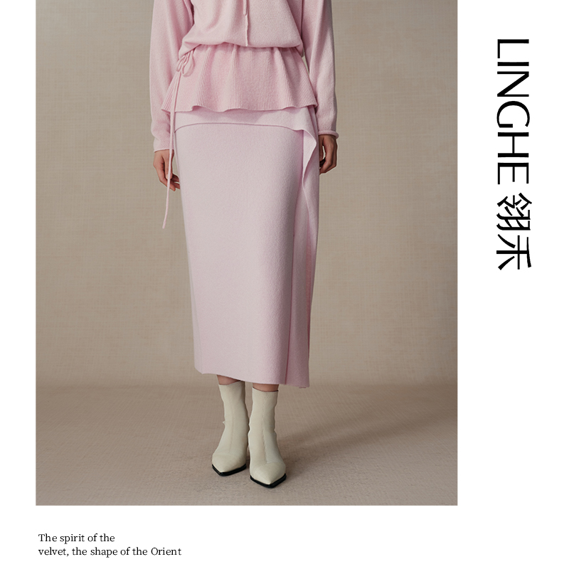 翎禾LINGHE-「花野游牧」秋冬时尚羊毛不规则设计针织直筒半身裙