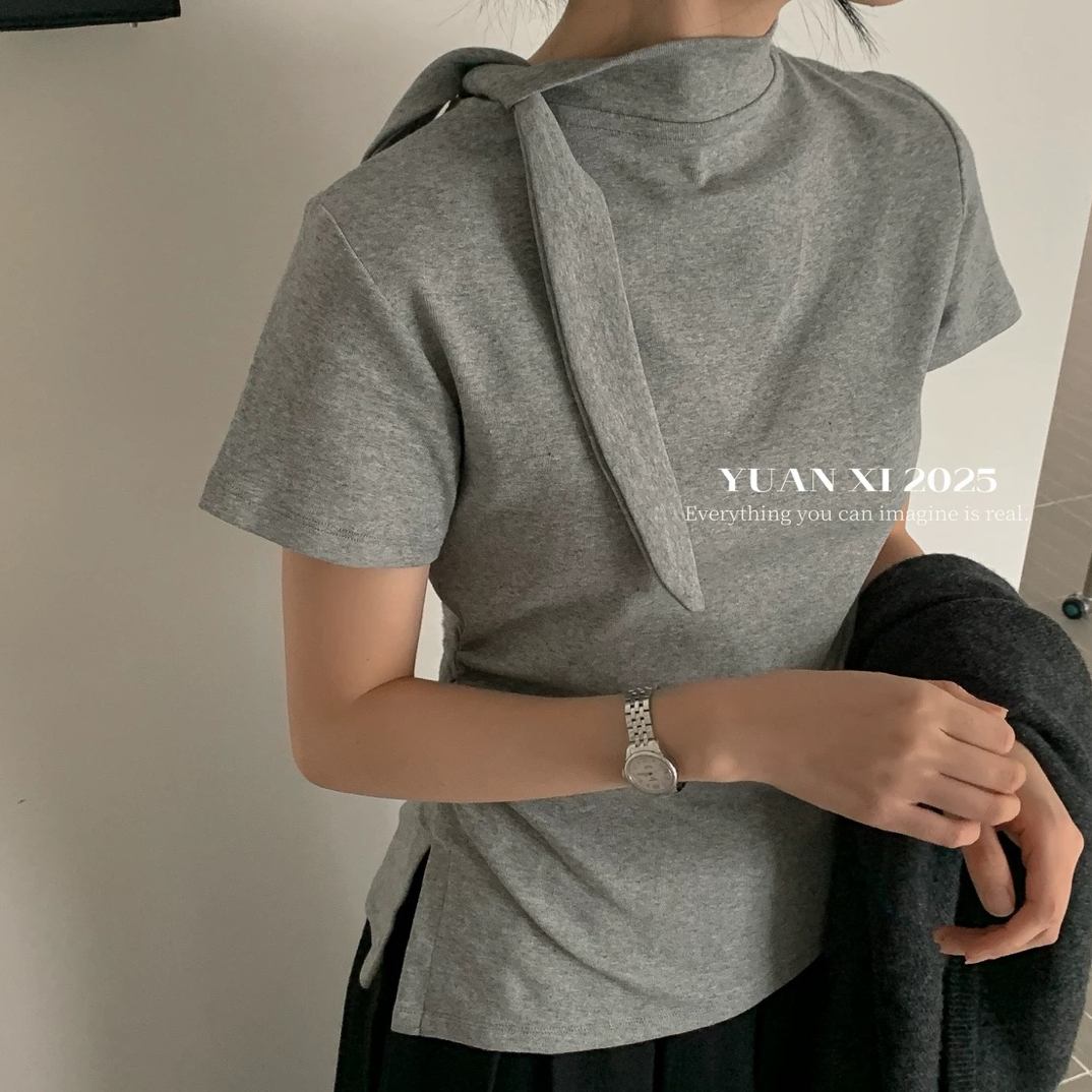 【海南简爱】圆领极简风绑带短袖T恤上衣7099