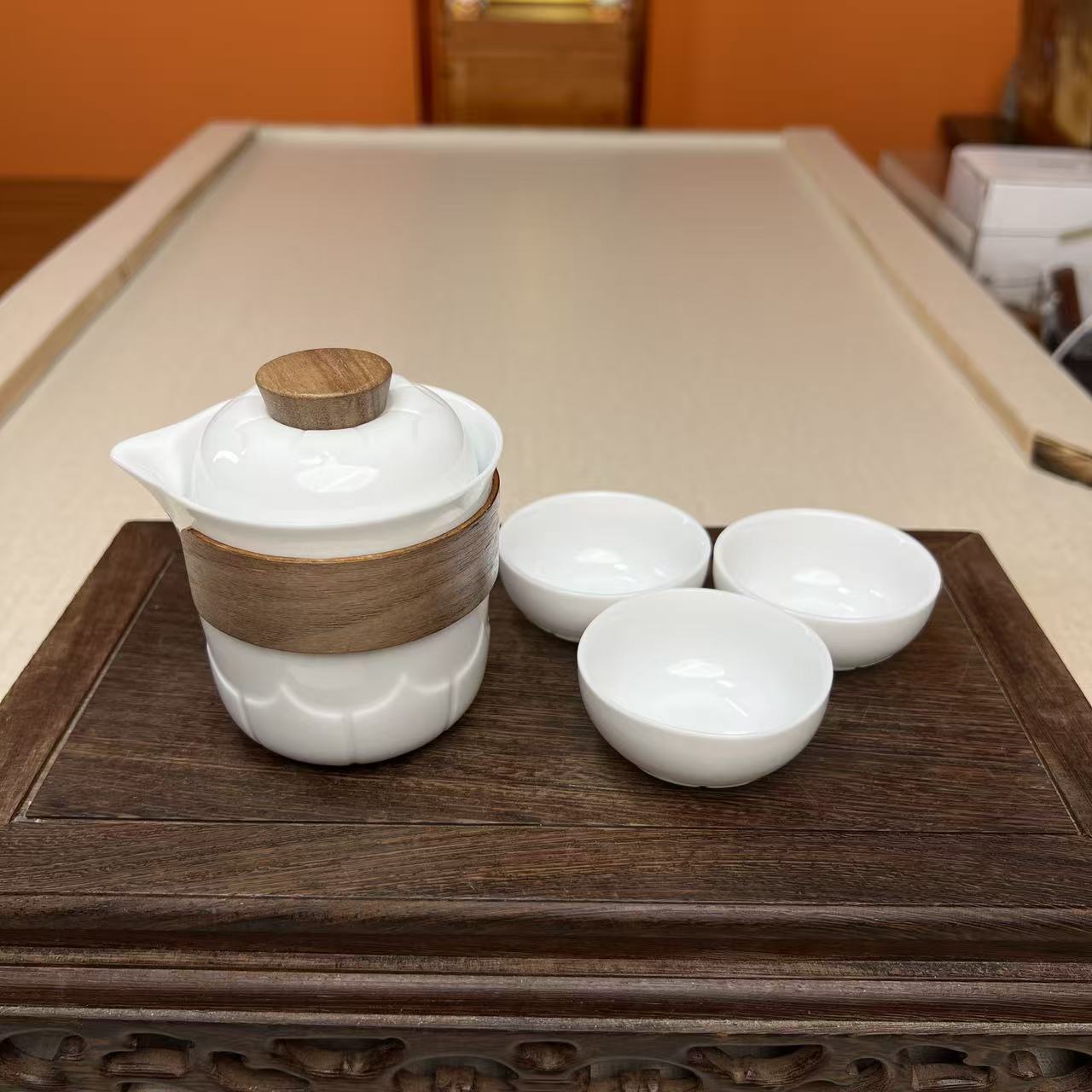 白瓷莲花白色快客木柄套KK0691开