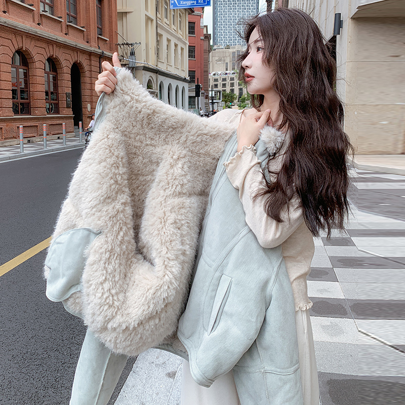 小个子棉服女款冬季2025新款小个子皮毛一体蓝色超好看冬装厚外套