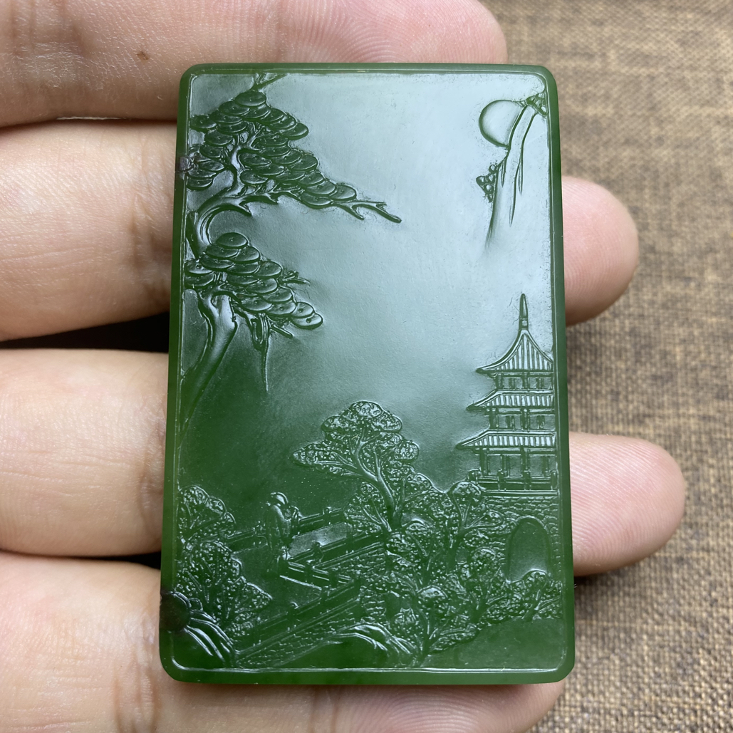 碧玉老坑粉绿富贵山居方牌