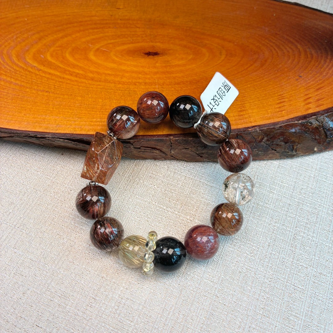 天然红铜发黑发晶金发晶幽灵水晶手串