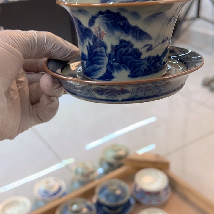 瓷片淘泥山水马蹄盖碗全品