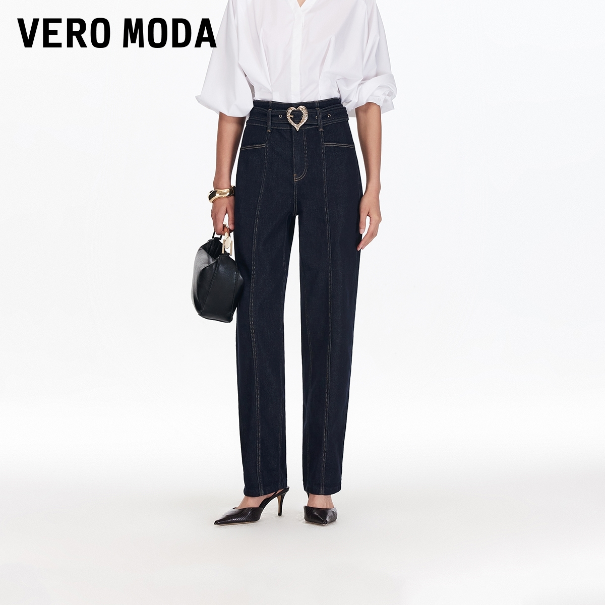 Vero Moda牛仔裤【都市漫步】女25秋季撞色明线高腰萝卜裤325332042