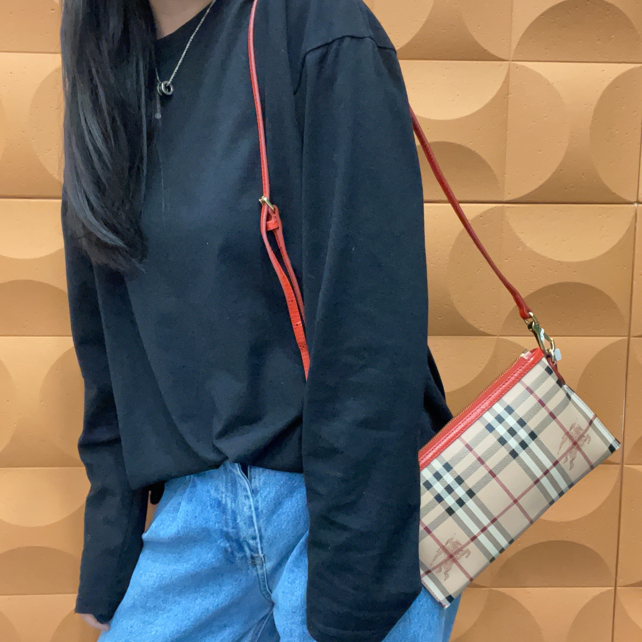 95新 BURBERRY/博柏利 【KK】 88 1115 红色拼棋格战马单肩包