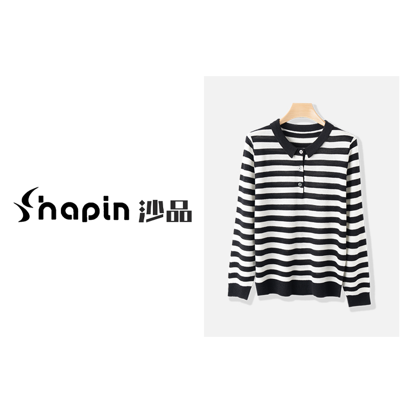 休闲翻领条纹长袖针织衫宽松显瘦百搭撞色套头上衣女ZX2506