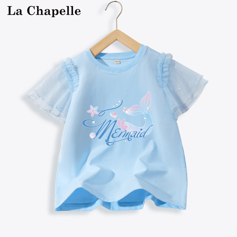 拉夏贝尔女童泡泡袖夏季女孩洋气短袖T恤2025新款儿童夏装潮卫衣