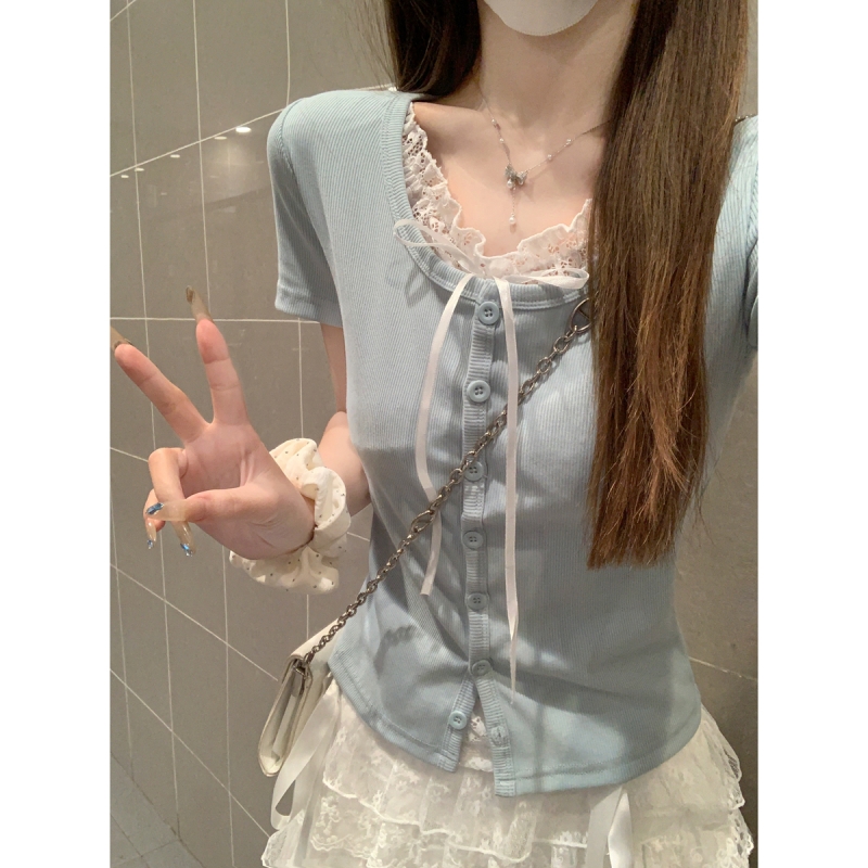 2025新款韩系纯欲风假两件短袖T恤打底衫女夏季拼接蕾丝短款上衣