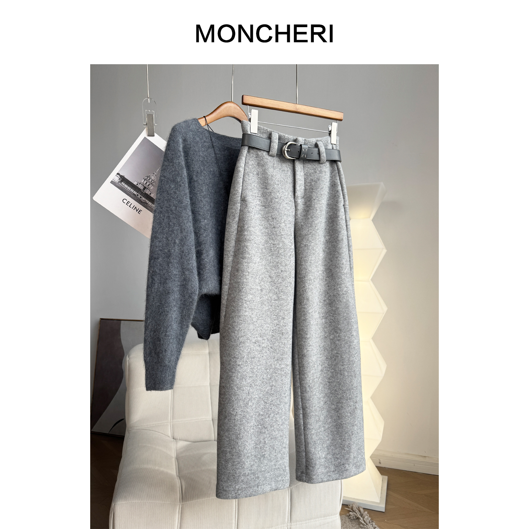 【高腰纸片人-加厚版】连腰设计时尚廓形显瘦直筒毛呢休闲裤6502