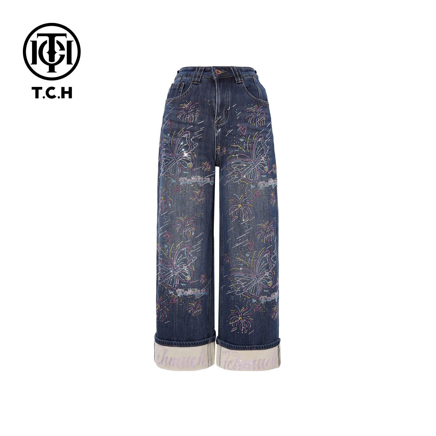 TCH【直筒】冬款百搭时尚烫钻慵懒牛仔蓝色直筒牛仔裤T75D20E5027