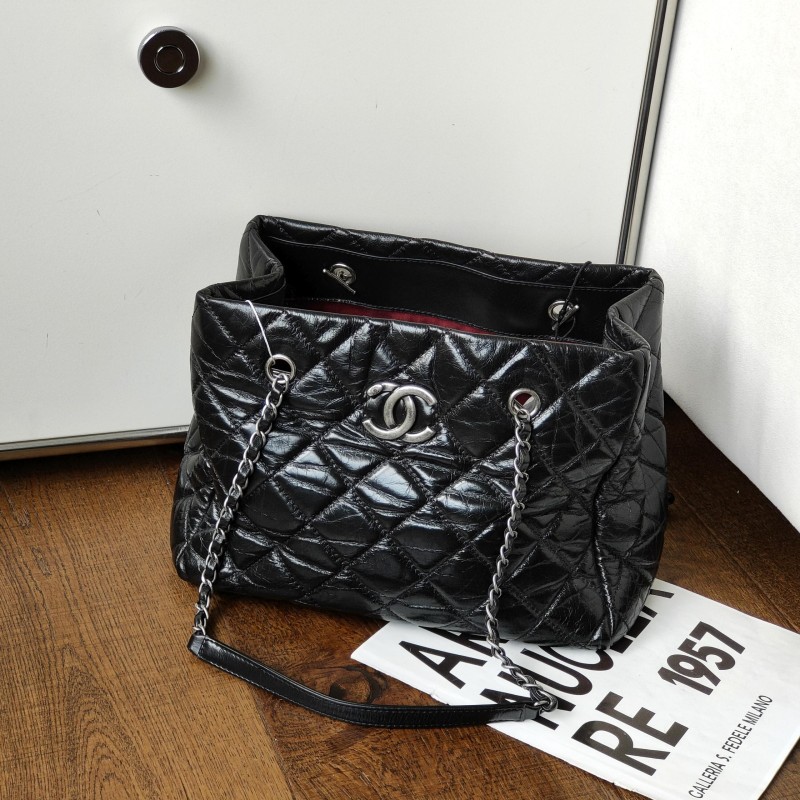 95新 Chanel/香奈儿  黑银牛皮链条单肩包 52902 