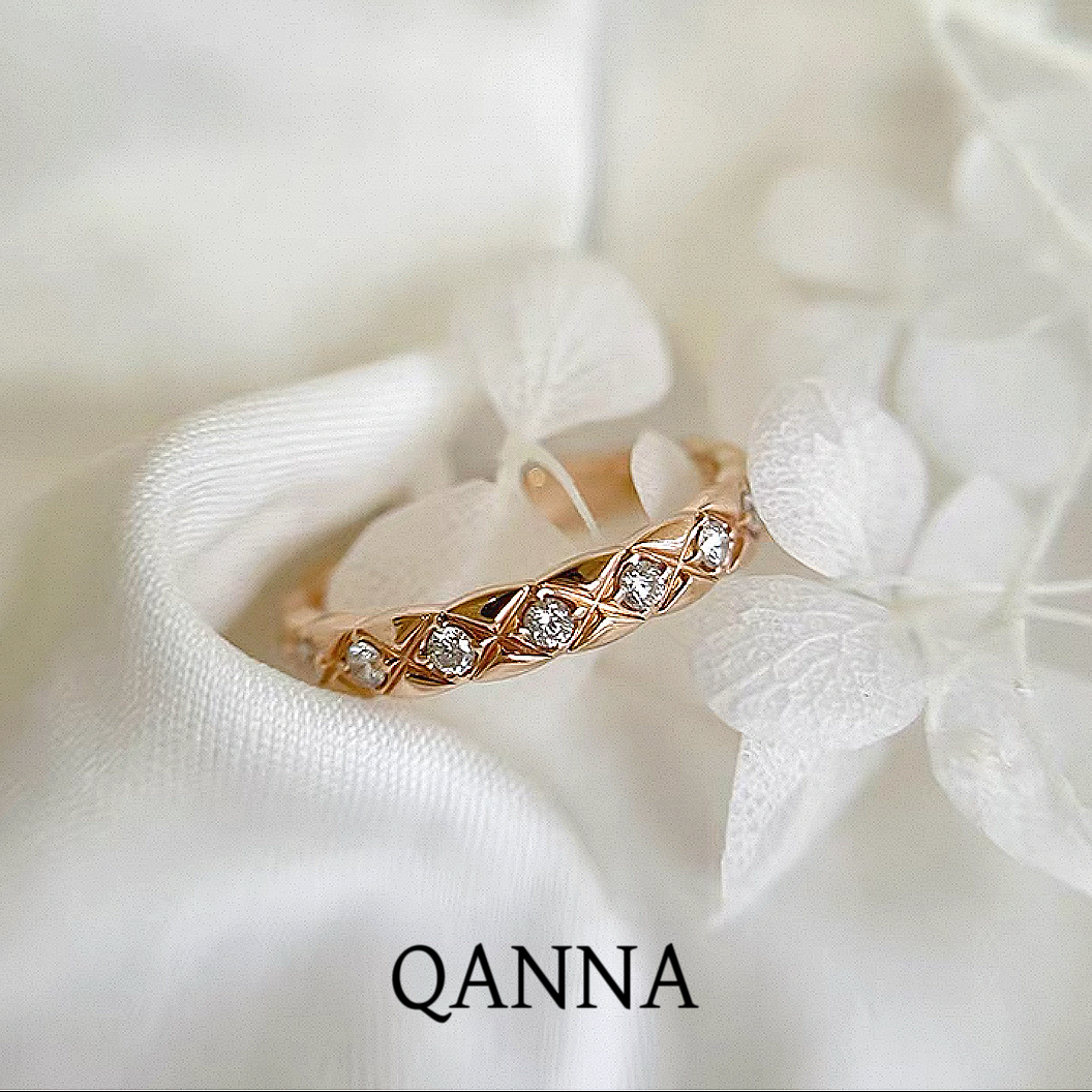 QANNA【窄版满钻菱格】【小香风】18K百搭名媛风时尚coco钻石戒指AY