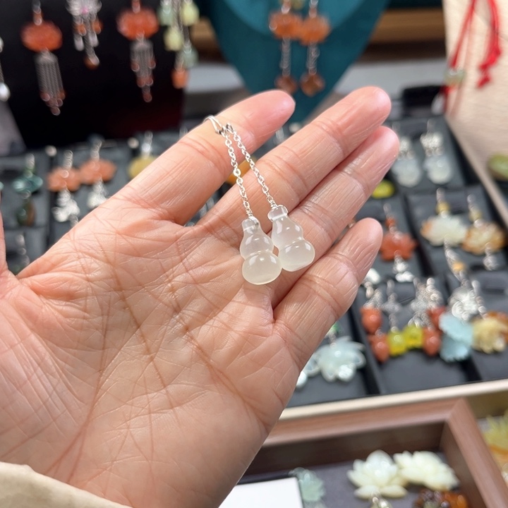 蛇纹石玉耳饰银S925镶嵌