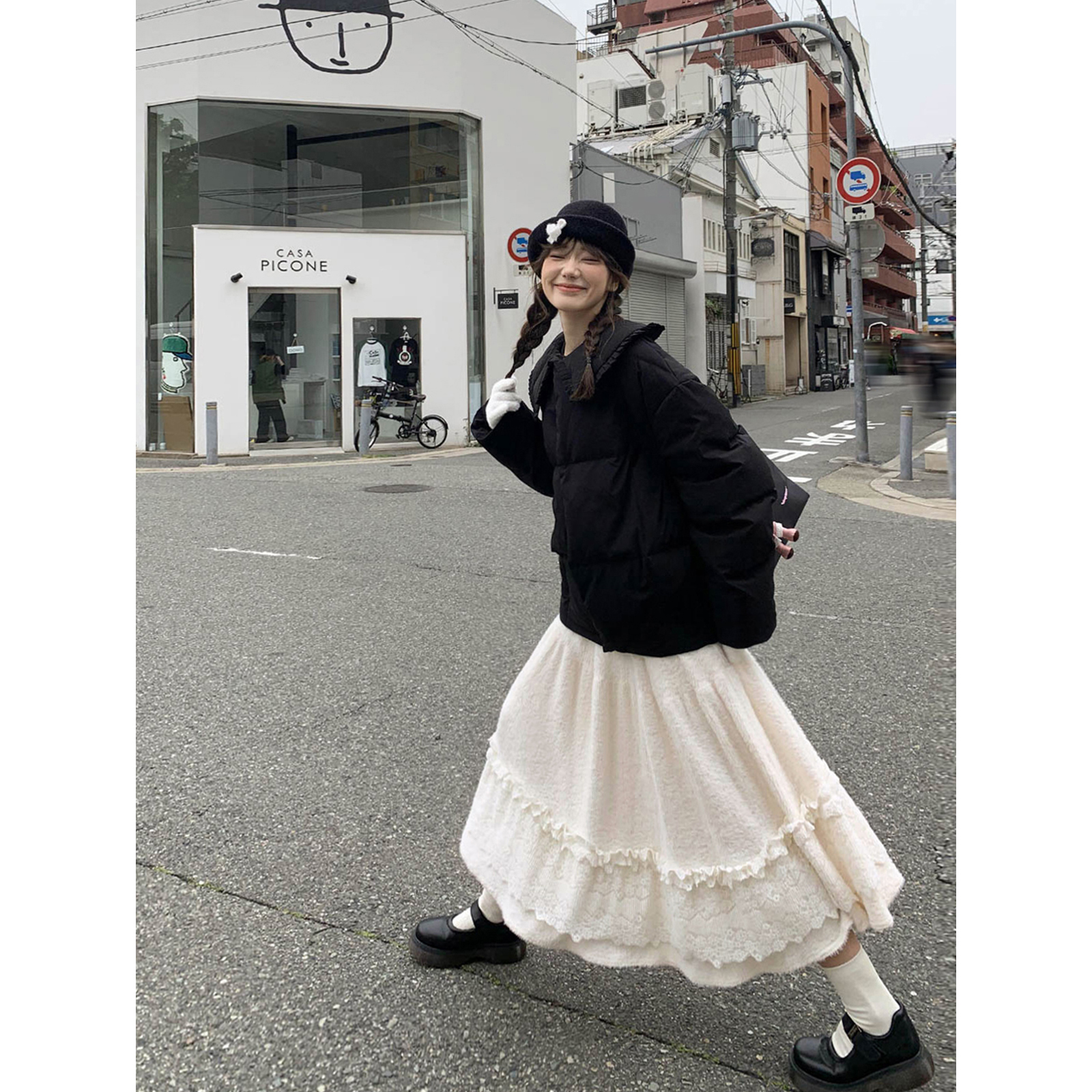 你好卡农 蕾丝拼接蛋糕裙毛绒半身裙女秋冬a字长裙KQ24Z4354D