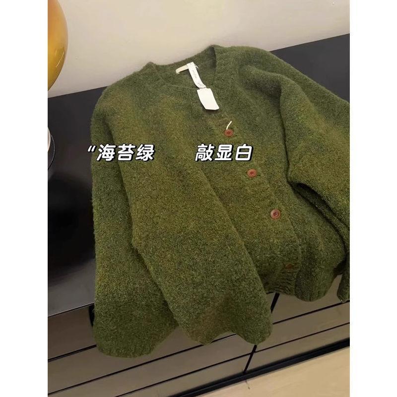 复古海苔绿开衫毛衣女秋冬2025年新款针织衫外套