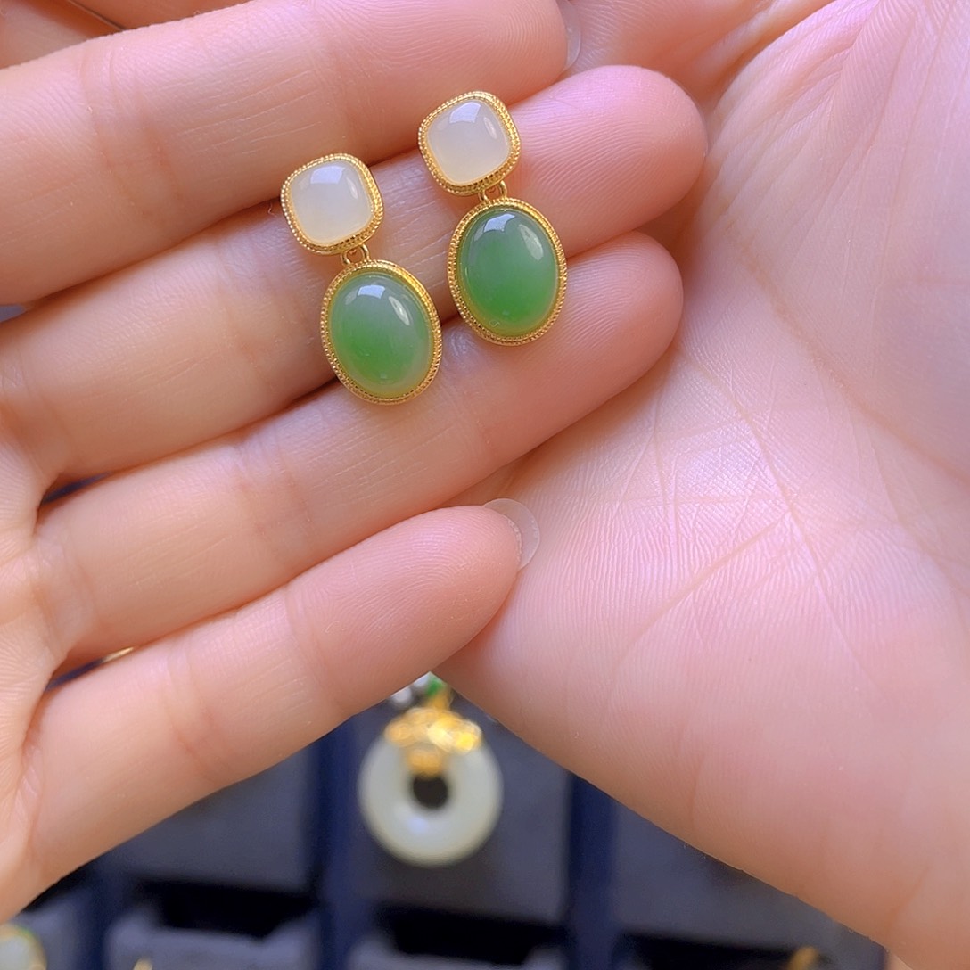 和田玉耳饰银S925镀金镶嵌