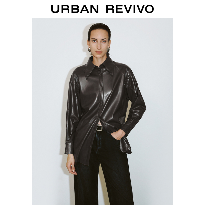 UR2024秋冬新款女装摩登复古廓形PU长袖开襟衬衫UWJ230012