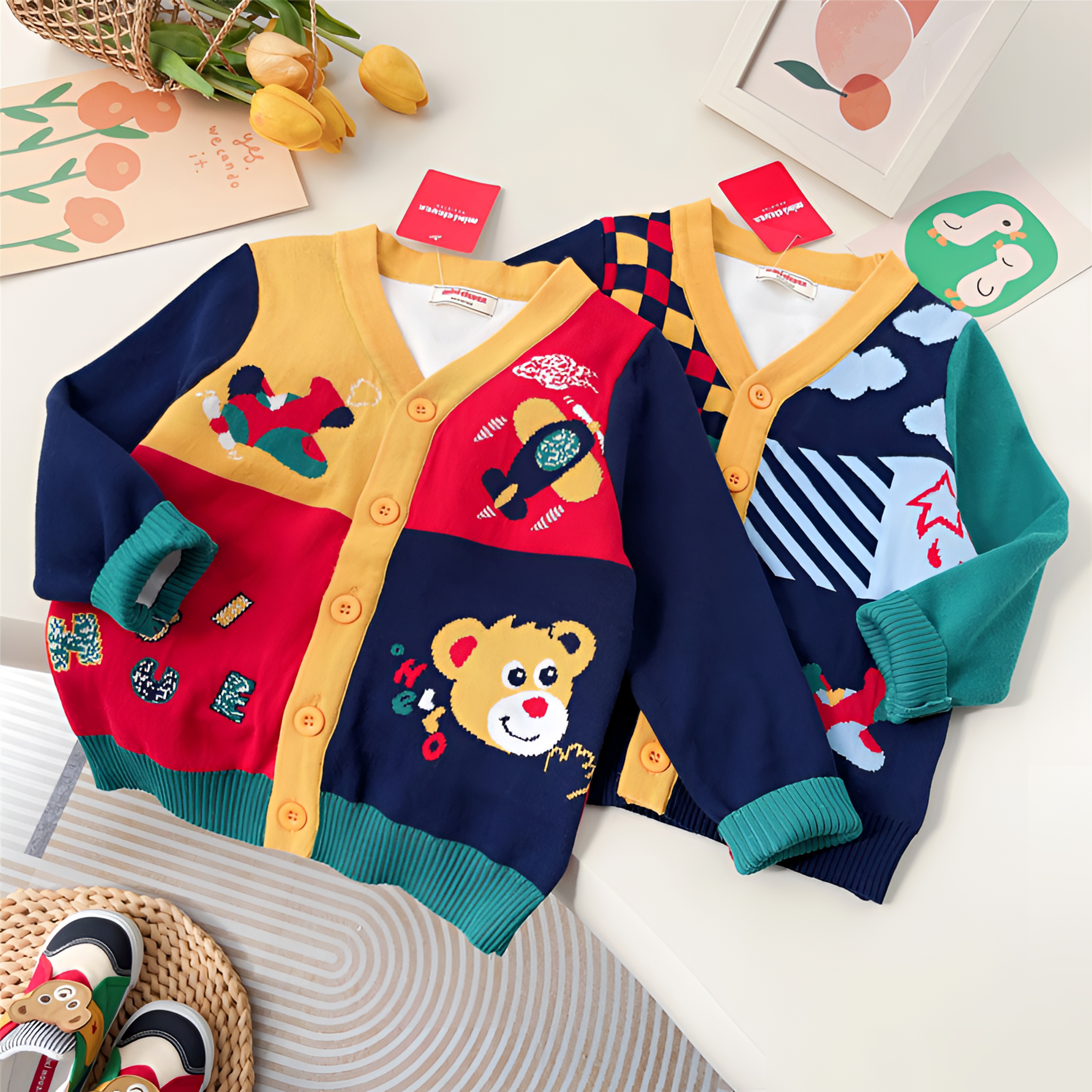 日系新款男女宝宝小熊方格毛衣开衫