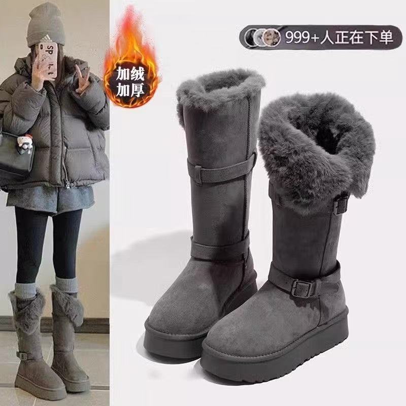 高筒灰色雪地靴女2025冬季新款厚底加绒加厚中长筒雪地棉靴子棉鞋