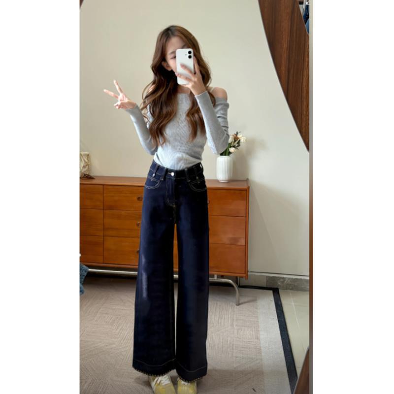 【66099-丹宁蓝 】XOXO家 四面弹 直筒阔腿裤 刺绣花边设计宽松显瘦