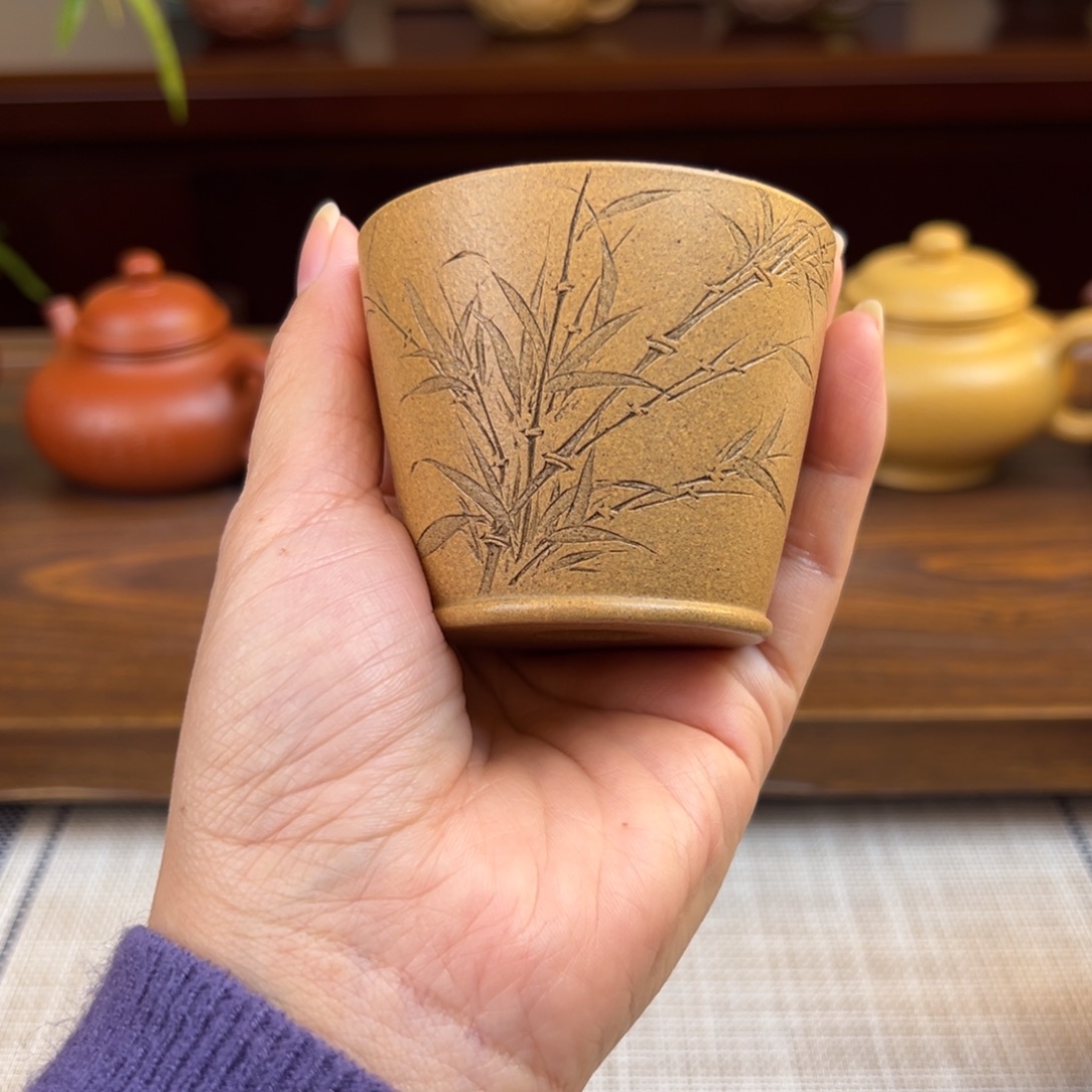茶壶紫砂段泥杯子刻竹子90cc