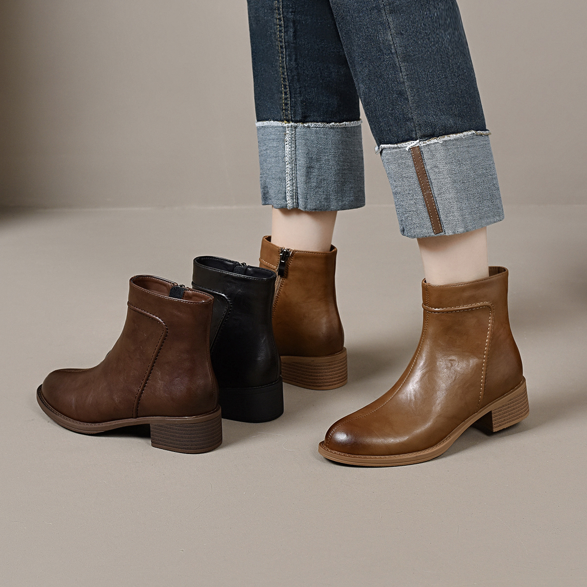 昔子1512新款马丁靴中跟时尚舒适百搭英伦风秋冬复古粗跟厚底平底