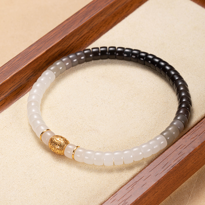 和田玉渐变药片手串国风手串新中式白玉烟灰紫渐变文玩手链6×3mm