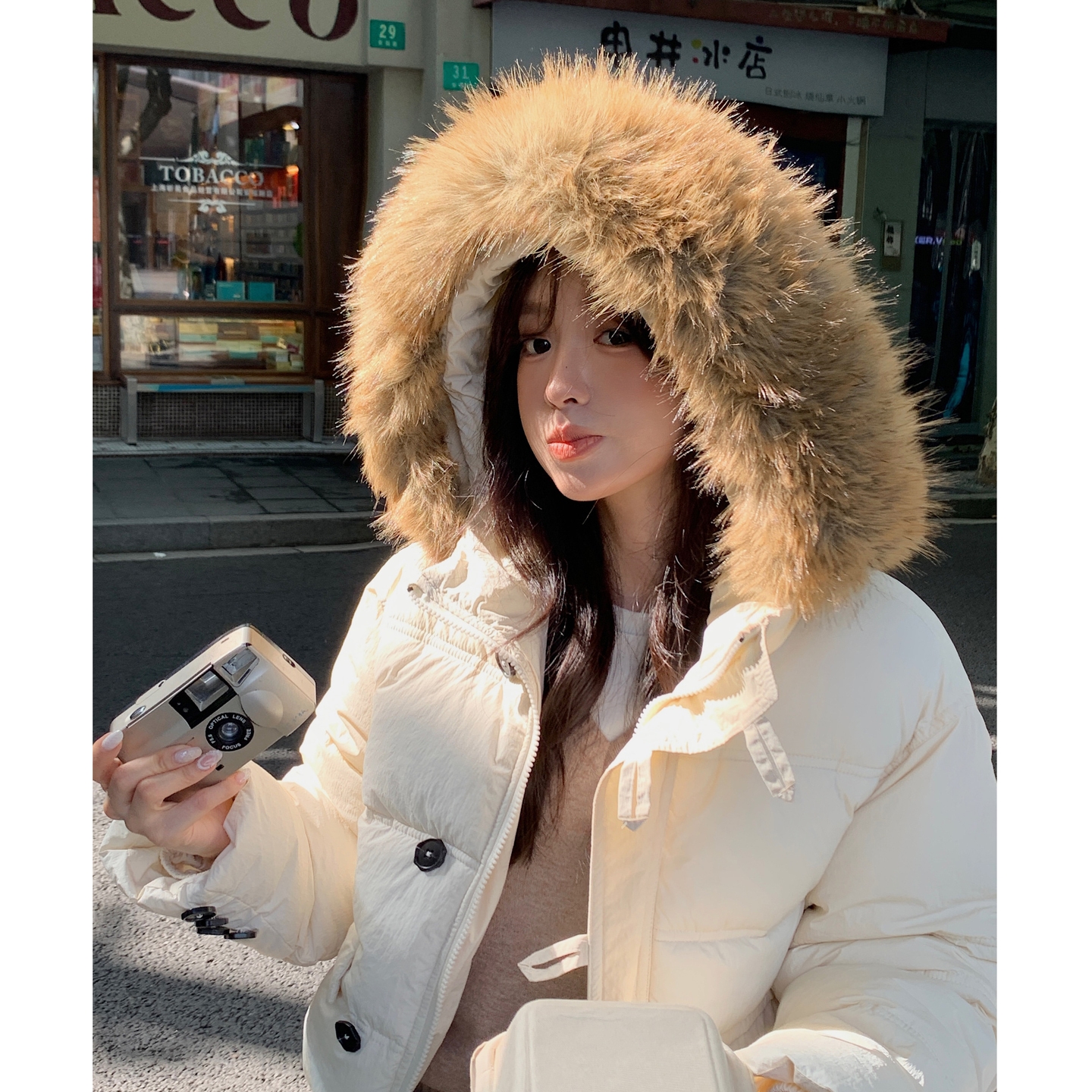 韩版ins学院风大毛领连帽卡其棉服耐磨通用宽松型外套加厚款