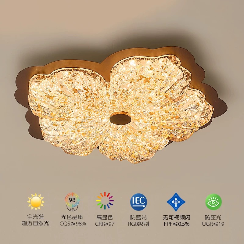 新款金箔花瓣卧室灯中古风吸顶灯法式复古轻奢护眼花朵主卧房间
